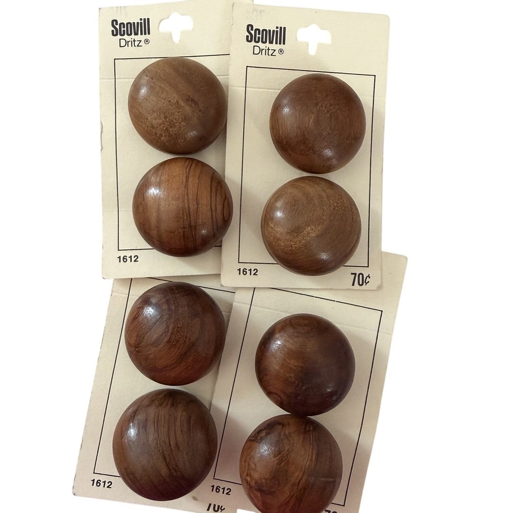 8 Vintage Scovill‎ Buttons Round Polished Brown Wooden 1 1/8"w x 1/2"h  USA